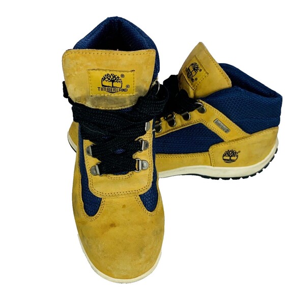TIMBERLAND Women's Brown Leather and Navy Blue Textile Upper Mid Top Shoes 7M - Picture 1 of 10